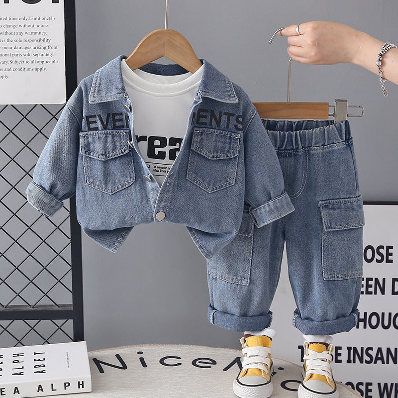 Boys' Spring Outfit 2026 New Fashionable Letter Denim Casual Three-Piece Set Children, Trendy and Stylish for Autumn
