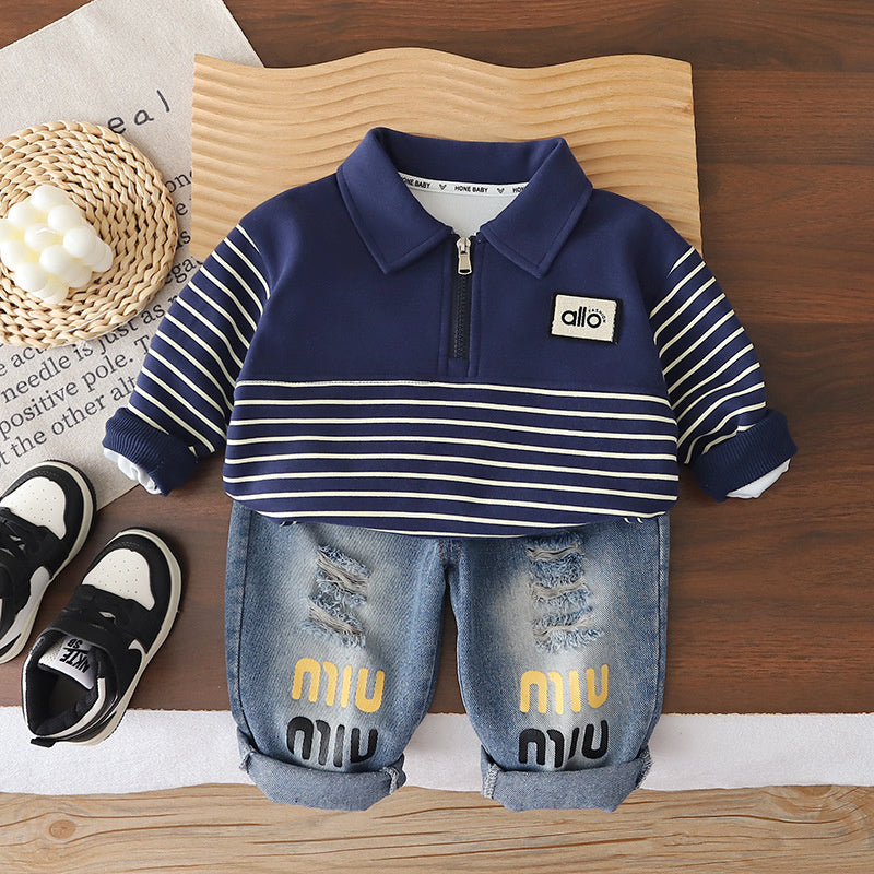 Boys' Spring 2026 New Stylish Set for 1-3 Year Olds, Baby Two-Piece Outfit with Half-Zip Long Sleeve Clothes