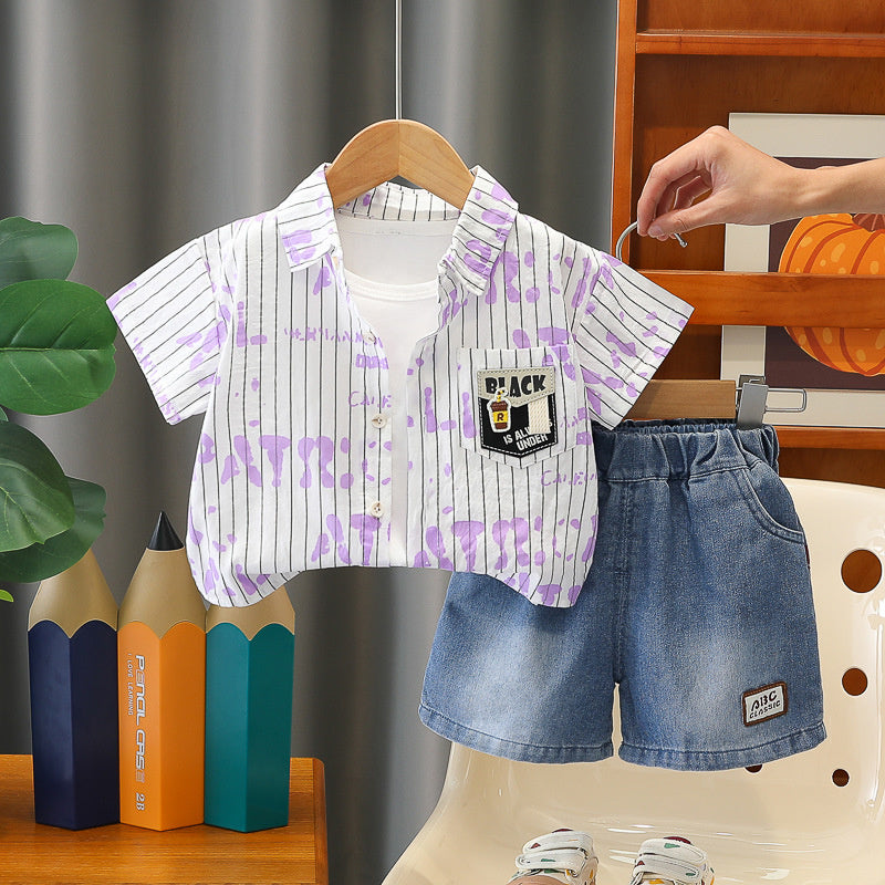Boys' Outfit 2026 Stylish Thin Short-Sleeve Summer Suit for Boys, Children's Vertical Stripe Letter Shirt Three-Piece Set