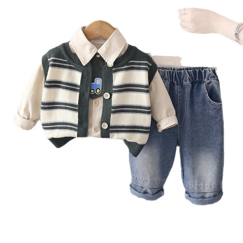 Children's striped sweater, vest, cardigan 2026 new stylish three-piece set for boys, baby spring and autumn clothing wholesale