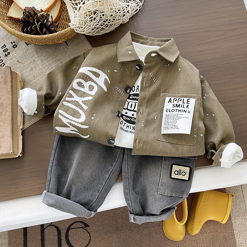 Boys' and Autumn Outfit 2026 New Fashionable Children's Gold-Embossed Casual Three-Piece Set Baby Spring Trendy Jacket