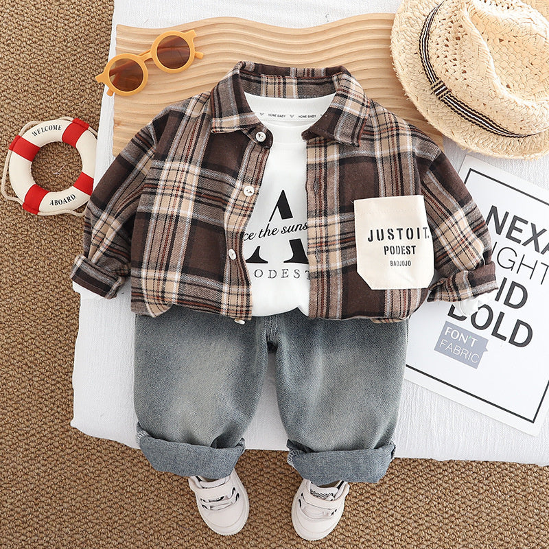 Boys' 2025 Outfit 1-2-3 Years Old Baby Color Block Shirt Jacket Children's Spring Autumn Three-Piece Set Kids' Clothing