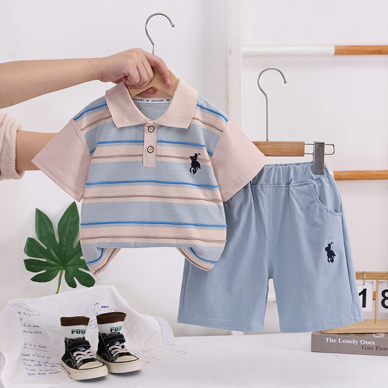 Boys' Outfit 2026 New Trendy Baby Summer Striped Embroidered Short Sleeve Clothes Fashionable Two-Piece Set