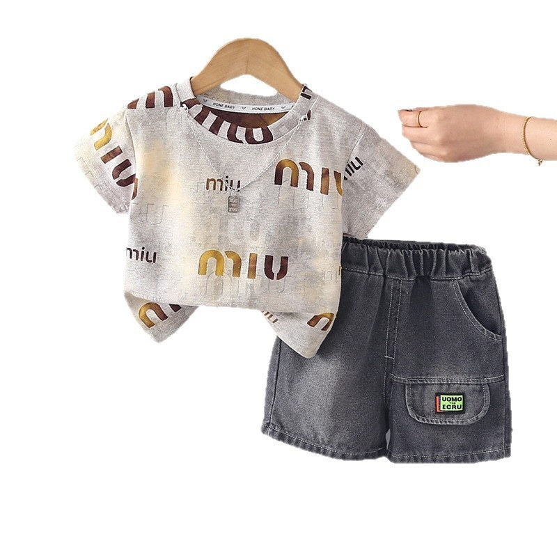 Boys' clothing for ages 1-4, 2-year-old infants' clothing, 3-year-old boy's necklace short-sleeve set, 5-year-old summer two-piece outfit