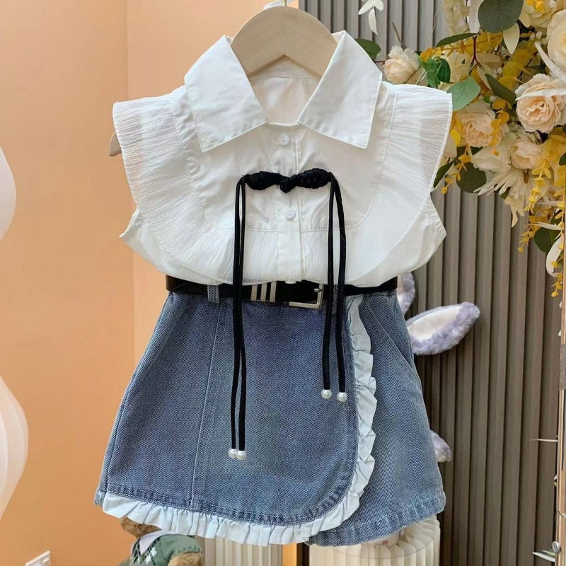 Girls' Princess Style Outfit 2024 Summer New Baby Girl Flutter Sleeve Shirt + Denim Lace Skirt Pants Two-Piece Set