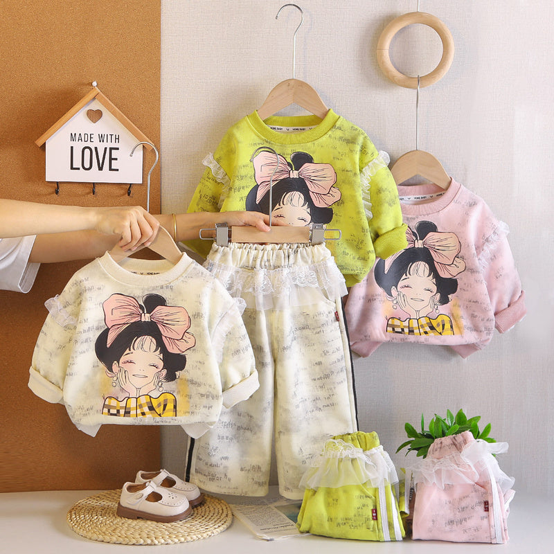 Girls' Autumn Outfit 2026 New Fashionable Bowknot Little Girl Sweatshirt Two-Piece Set Baby Children's Trendy Clothing