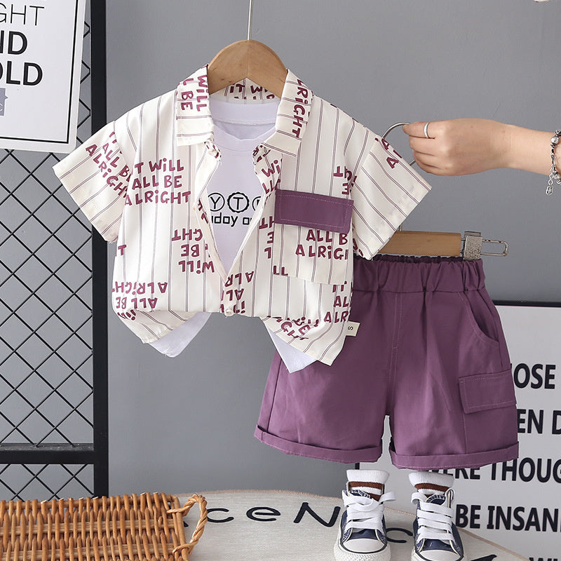 Boys' Outfit: Vertical Stripe Letter Print Short Sleeve Set, New Baby Summer Clothes, Lightweight Children's Shirt Three-Piece Trendy Set