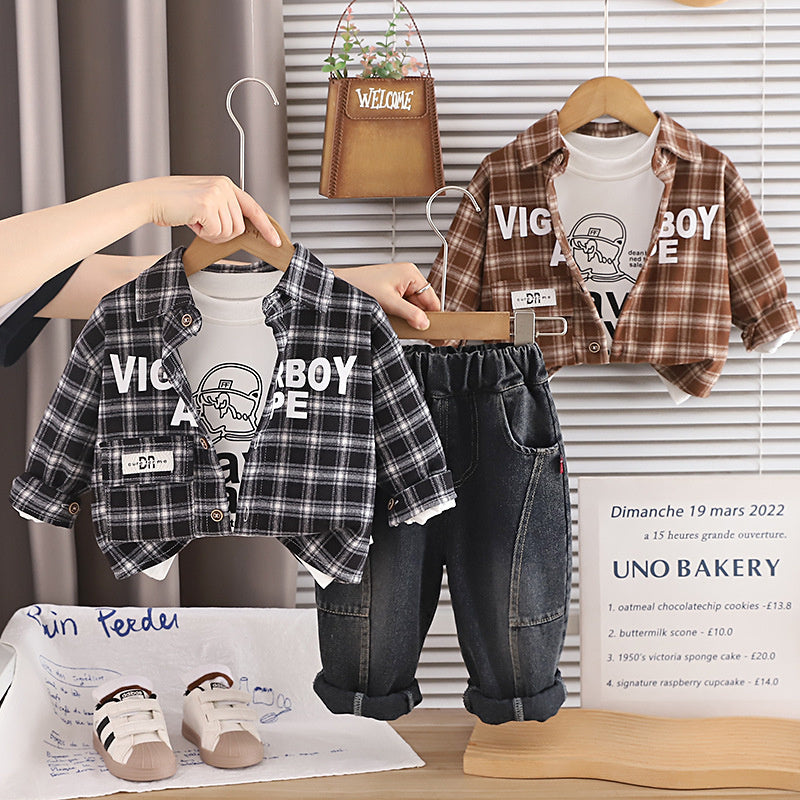 Boys' Autumn Outfit 2026 New Fashionable Stylish Children's Plaid Shirt and Jeans Three-Piece Set