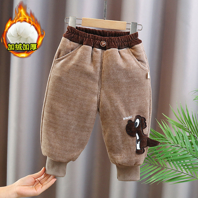 Boys New Warm Cotton Baby Cartoon Thickened Casual Children Winter Stylish Dinosaur Pants Trendy