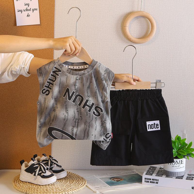 Boys' Outfit Children's New Style Baby Boy Summer Letter Print Sleeveless Two-Piece Set Trendy for 1-4 Years Old