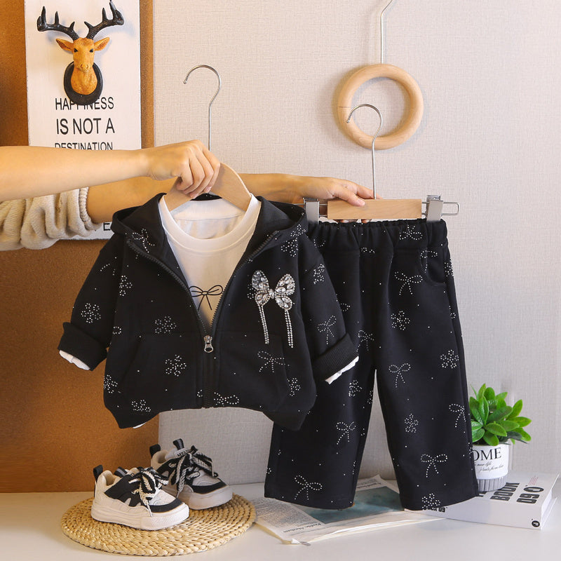 Outfit 2026 New Style Infant Girls' Spring and Autumn Fashionable Long-Sleeve Three-Piece Set with Rhinestones
