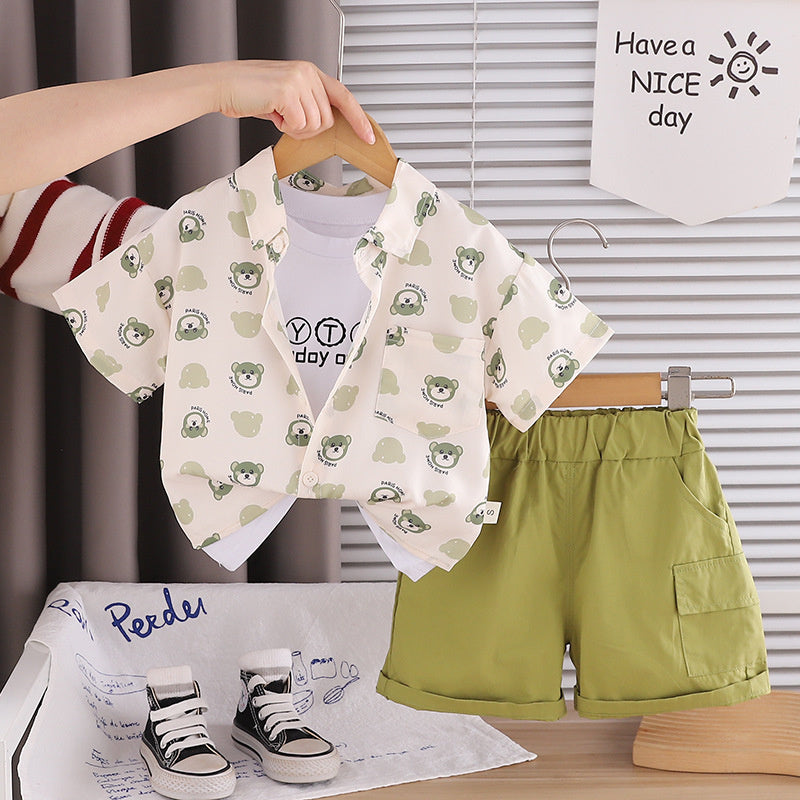 Boys' Summer Full-Print Bear Head Short-Sleeve Shirt Set, Thin Children's Clothing for One-Year-Old Baby Boys