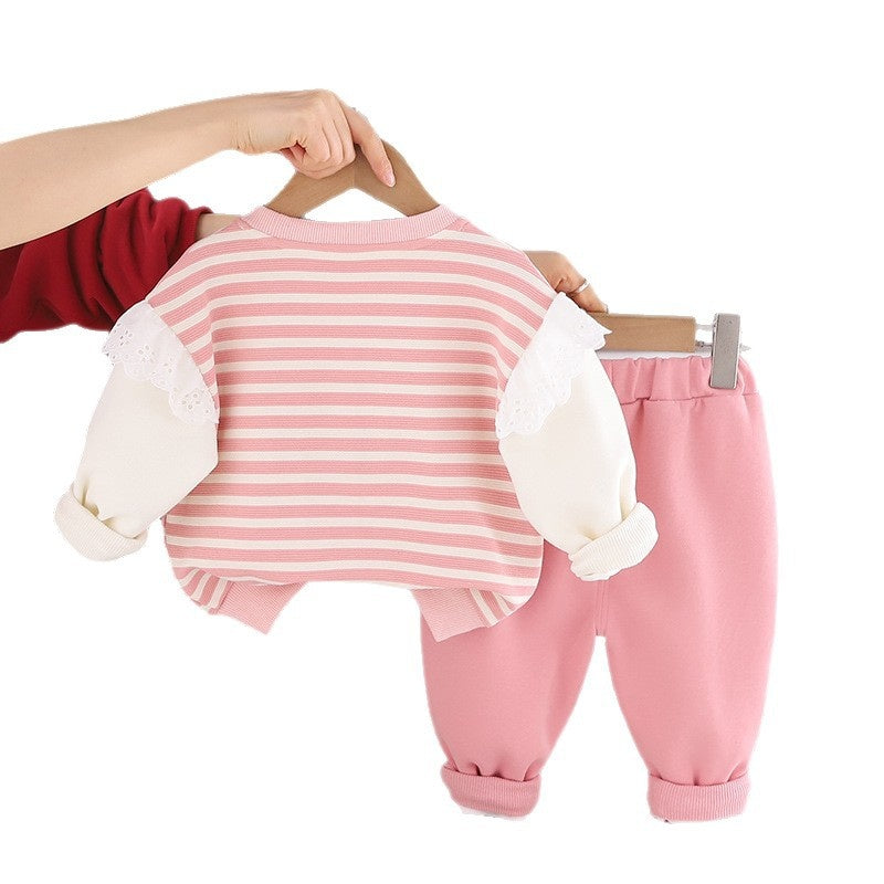 Girls' Striped Heart Flower Sweatshirt Set 2026 New Spring and Autumn Fashionable Baby Children's Casual Long Sleeve Two-Piece Outfit