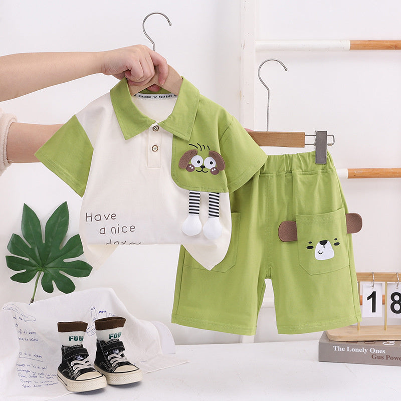 Boys' Suit 2026 New Style Color-Block Animal Placket Two-Piece Set Infant Short-Sleeve Baby Summer Clothes
