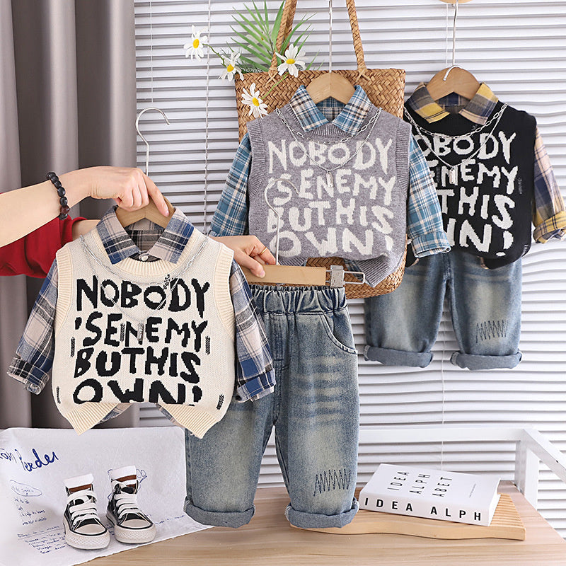 Baby clothes fashion Korean style full-body letter sweater three-piece set for one-year-old boys, trendy spring and autumn outfit