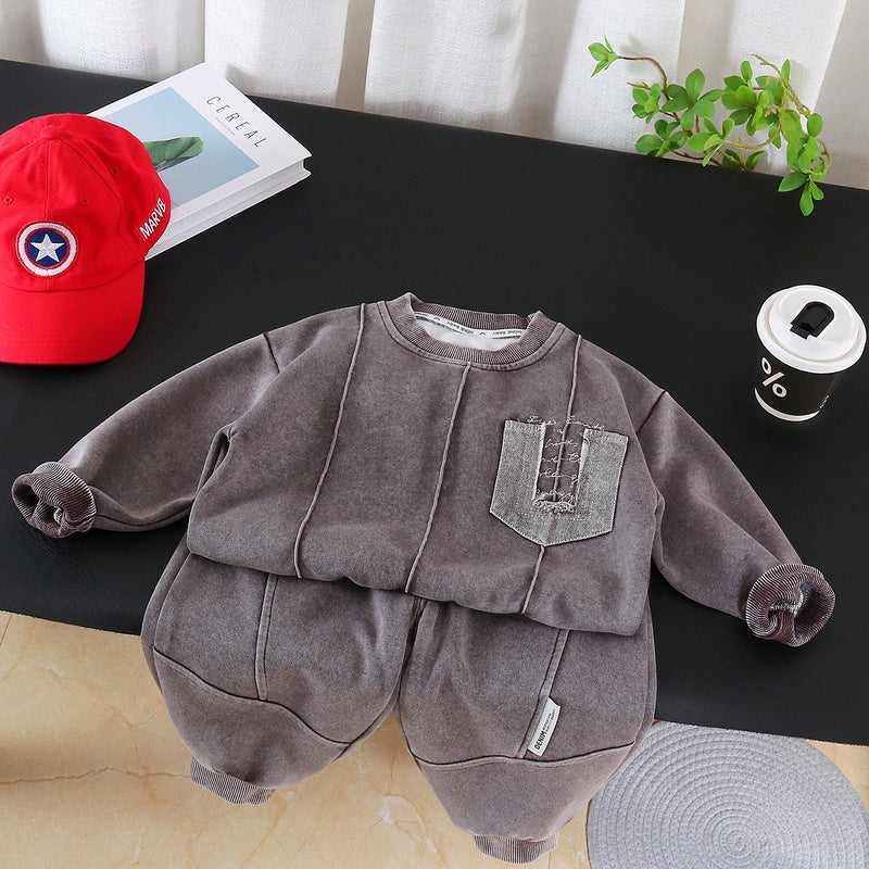 Boys' Spring and Autumn Outfit New Fashionable Baby Children's Clothing Casual Long-Sleeve Solid Color Sweatshirt Two-Piece Set