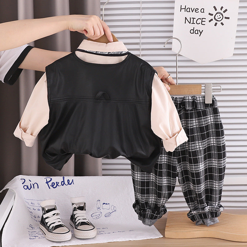 Boys' children's clothing spring autumn outfit 2026 new stylish Korean-style toddler leather jacket and vest three-piece set trendy