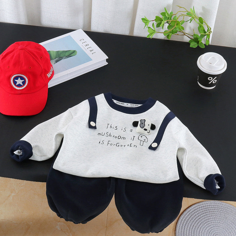 Boys' Autumn Outfit Cute Dog Print Shoulder Strap Sweatshirt Two-Piece Set Baby Stylish Fashionable Toddler Clothes Infant Clothing