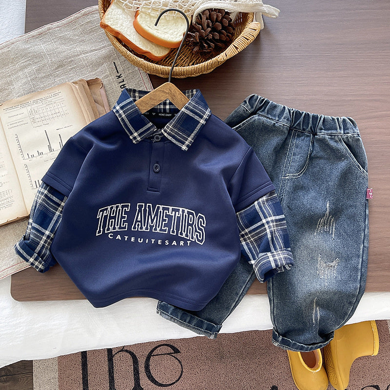 Boys' plaid shirt set 2026 new fashion stylish children's clothing for 1-year-old infants spring and autumn handsome baby boy outfit