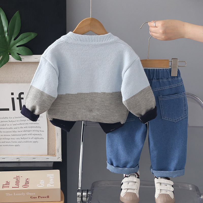 Boys' Outfit Set, New Spring Autumn Style Infants and Children, Stylish Korean Version House Sweater Long Sleeve Three-Piece Set for Boys