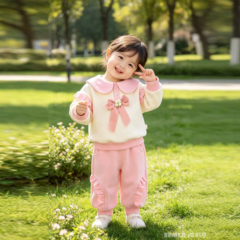 Baby Fleece-Lined Bunny Bowknot Sweatshirt for Girls, 2025 New Autumn/Winter Thickened Infant Two-Piece Set