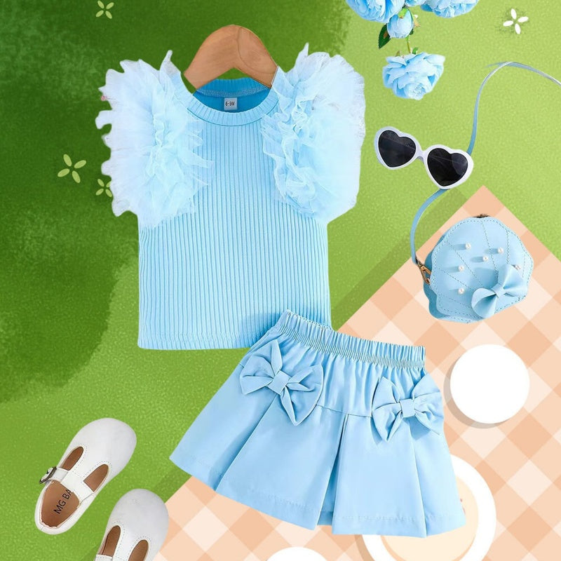 Sweet sky blue girls' top with mesh sleeves and bow-tie skirt set