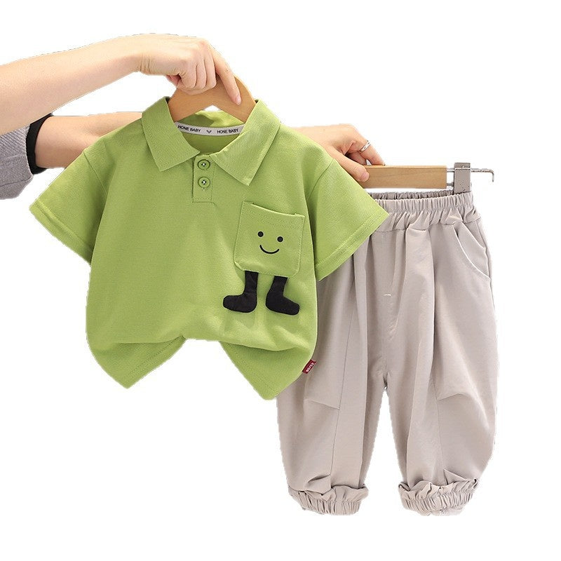 2026 New Summer Boys' Smiley Face Pocket Short Sleeve Set, Stylish Thin Casual Two-Piece Outfit for Baby Boys