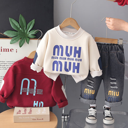 Boys' clothing stylish large letter sweatshirt set toddlers, fashionable cute clothes for babies children in spring and autumn