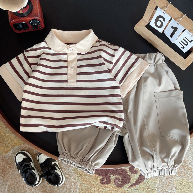 Baby Striped Placket Short Sleeve Two-Piece Infant Children's Clothing 2024 New Boys' Fashionable Summer Outfit Set