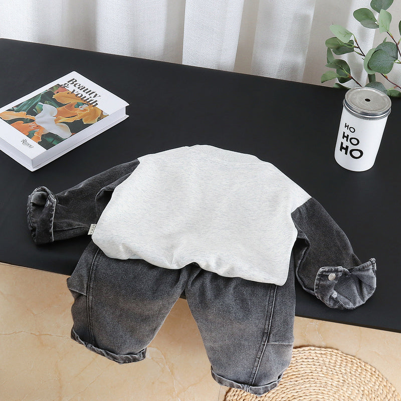 Boys' Sports Suit 2026 Spring and Autumn New Denim Pocket Sweatshirt Two-Piece Set Children's Baby Clothes