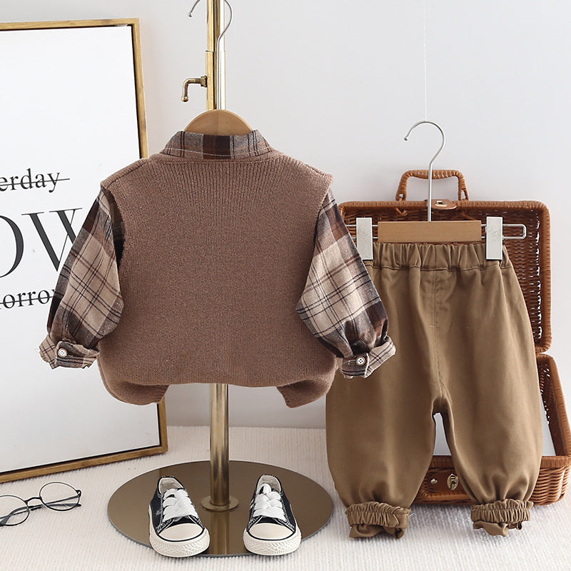 Boys' Spring Outfit 2025 New Style 0-1-5 Years Old Baby Double Button Large Plaid Vest Three-Piece Set Fashionable