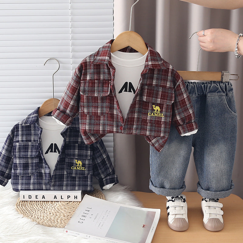 Boys' Suit 2026 New Style Children's Spring and Fashionable Baby Autumn Plaid Embroidered Jacket Three-Piece Set