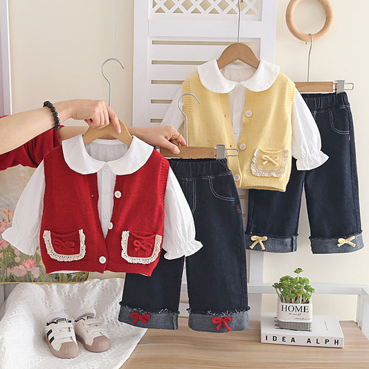 Girls' Outfit New Fashionable Trendy Baby Girl Pocket Cardigan Sweater Three-Piece Set Korean Style Spring and Autumn Fashion