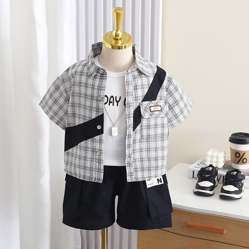 Boys' Outfit 2026 New Short-Sleeve Stylish Toddler Summer Clothes Patchwork Plaid Three-Piece Set Baby Trendy