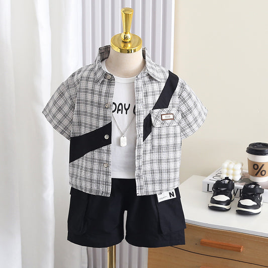 Boys' Outfit 2026 New Short-Sleeve Stylish Toddler Summer Clothes Patchwork Plaid Three-Piece Set Baby Trendy
