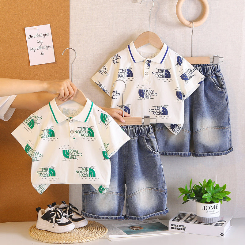 Boys' clothing, children's full-printed turn-down collar short-sleeve set, new stylish two-piece outfit for boys in summer