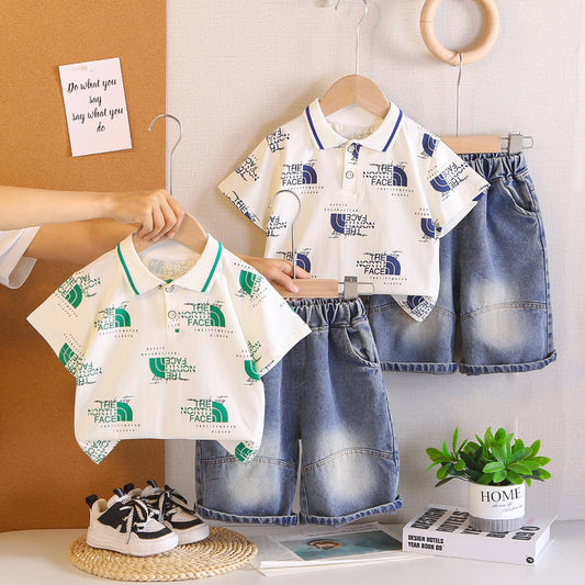 Boys' clothing, children's full-printed turn-down collar short-sleeve set, new stylish two-piece outfit for boys in summer