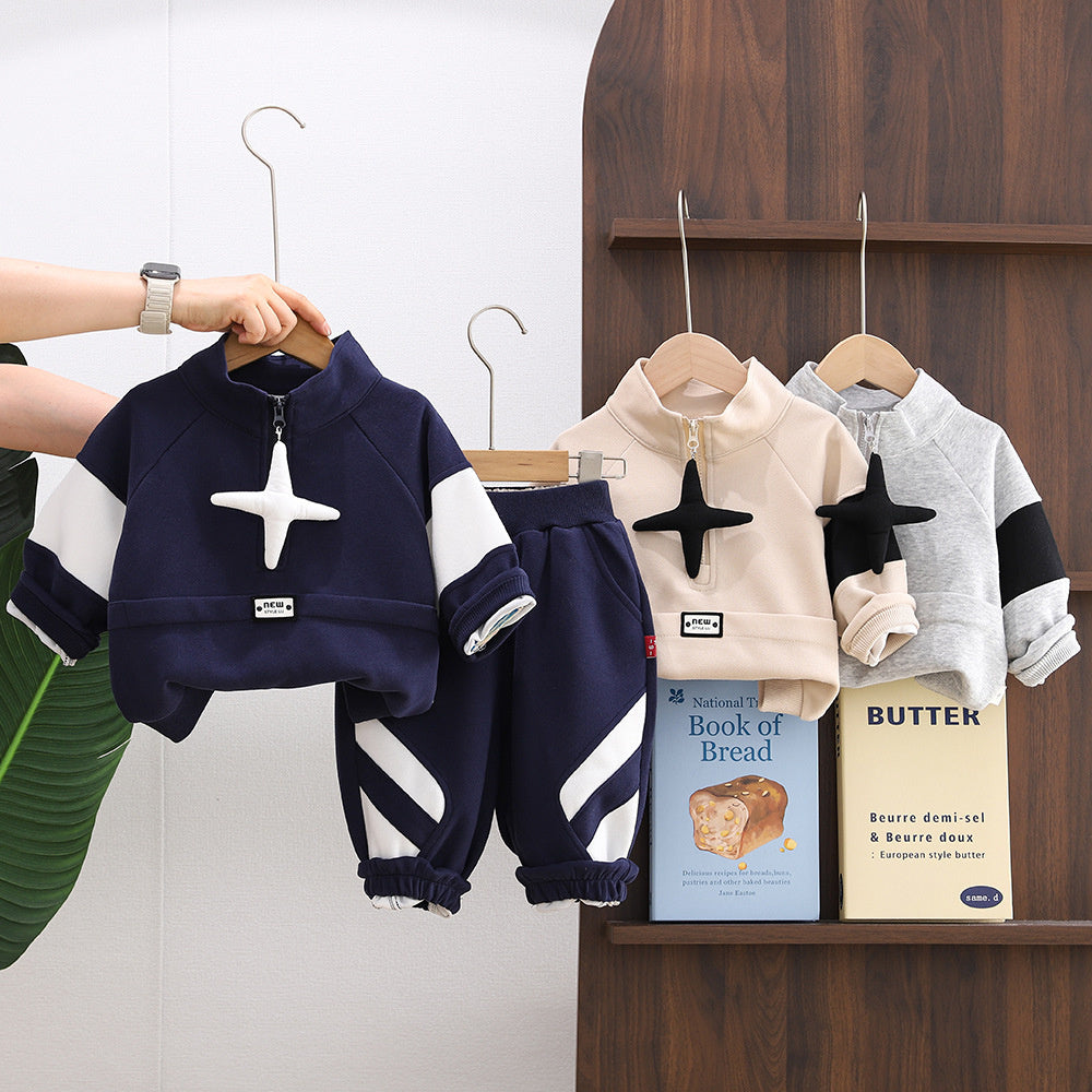 Boys' Outfit 2026 Spring and Autumn Clothes Infant Children's Half-Zip Star Sweatshirt Baby Two-Piece Trendy Set