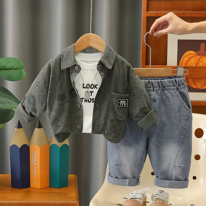 Outfit 2026 New Children's Jacket Boys' Spring and Autumn Stylish Baby Lapel Letter Three-Piece Set
