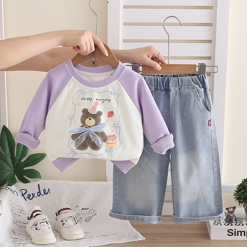 Girls' 2026 New Fashionable Spring and Autumn Outfit for Baby Girls, Trendy Children's Cake Bear Two-Piece Set