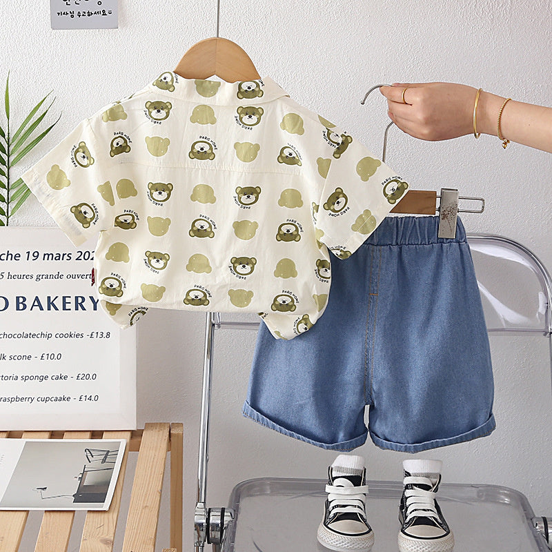 Boys' Outfit 2026 New Stylish Children's Summer Short Sleeve Baby Bear Head Three-Piece Set Trendy