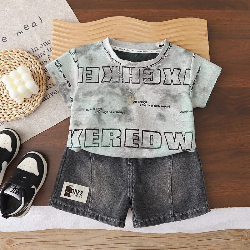 Boys' Outfit: Double-Row Letter Jacquard Short-Sleeve Set, 2026 New Summer Style, Toddler Baby Shorts Two-Piece Trendy Set