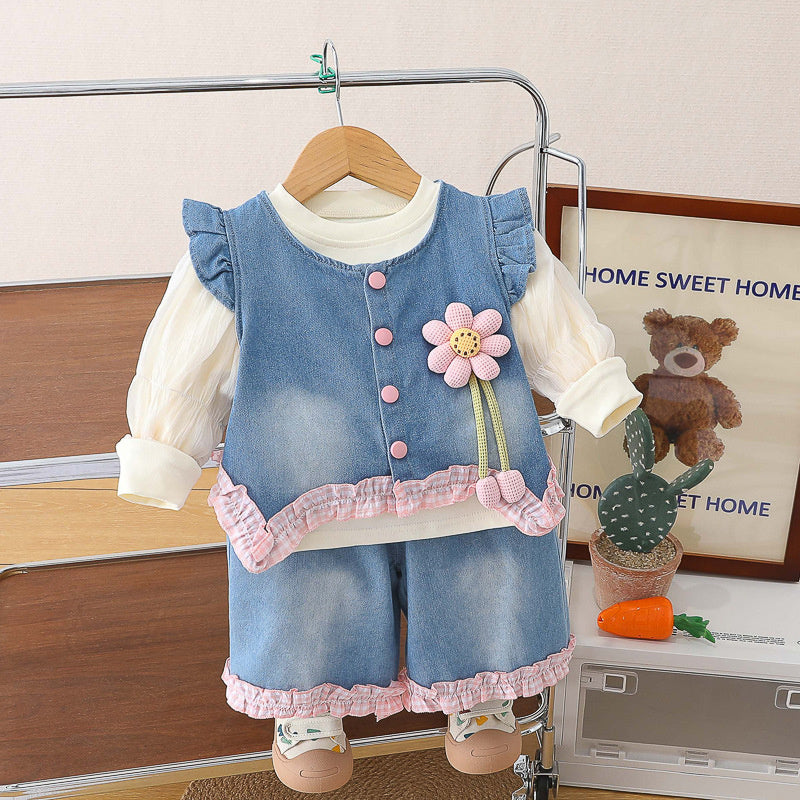 Girls' Outfit Set, Children's Floral Denim Clothes, Fashionable 1-2-3 Year Old Baby Spring and Autumn Three-Piece Set