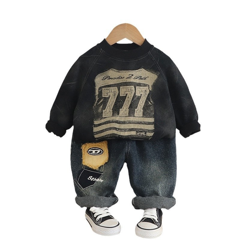 Boys' and Autumn 2025 New Children's Digital Round Neck Sweatshirt Toddler Spring Outfit Baby Clothes Two-Piece Set