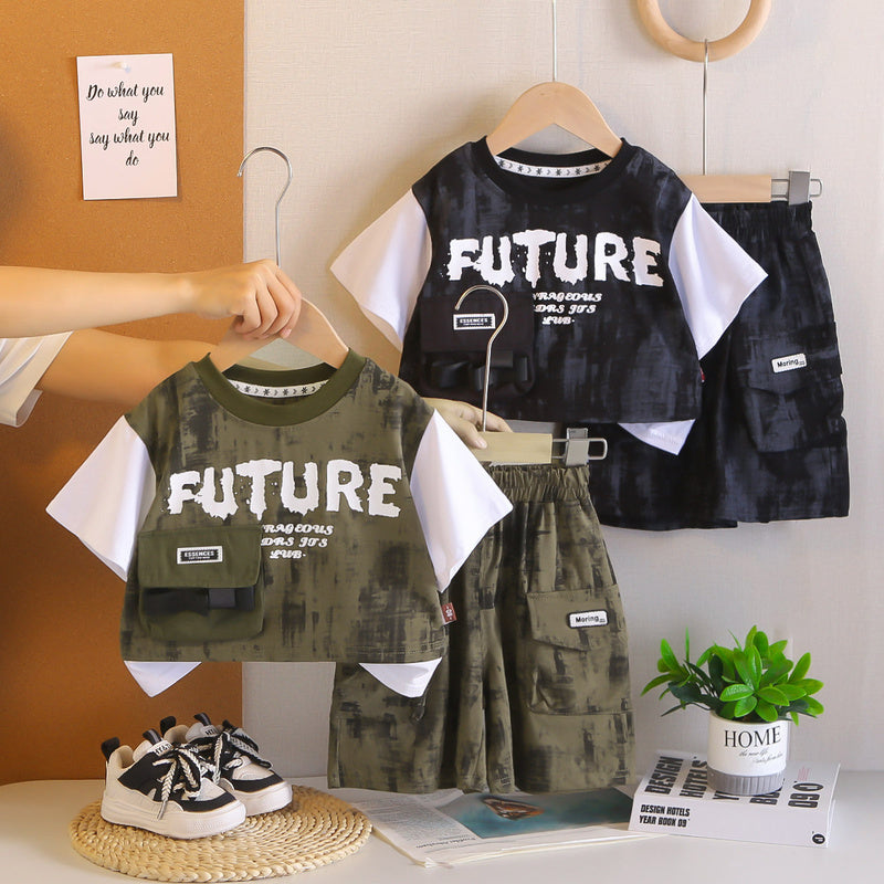 Baby clothes summer children's two-piece outfit stylish camouflage pocket cargo short-sleeve set for one-year-old boy