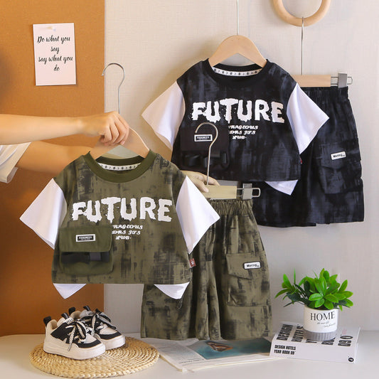 Baby clothes summer children's two-piece outfit stylish camouflage pocket cargo short-sleeve set for one-year-old boy