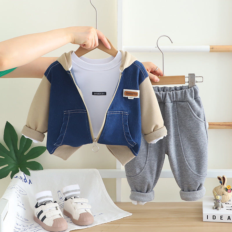 Boys' Outfit 2025 New Stylish Children's Spring and Autumn Baby Korean Style Patchwork Denim Hoodie Three-Piece Set
