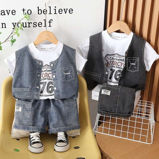 Boys' clothing 2026 new stylish casual summer outfit for toddlers, Korean-style sports denim vest three-piece set trendy