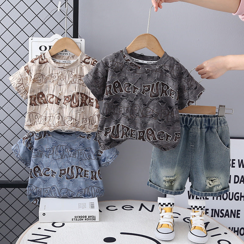 2025 Trendy Clothes Baby Outfit Boys Summer New Style Two-Piece Set English Ripped Short Sleeve Toddler