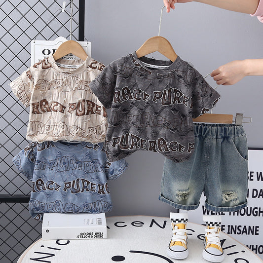 2025 Trendy Clothes Baby Outfit Boys Summer New Style Two-Piece Set English Ripped Short Sleeve Toddler